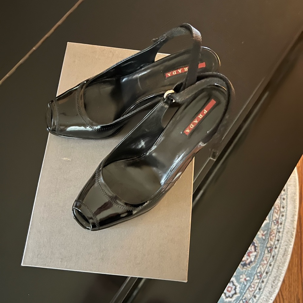 Prada patent leather sling back wedge heels